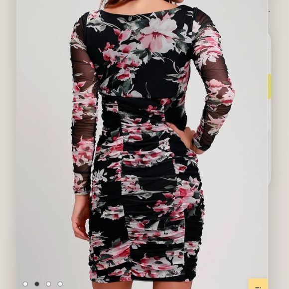 Lulus Ayana‎ Black Pink Floral Ruched Mesh Bodycon Dress SMALL - Picture 4 of 14